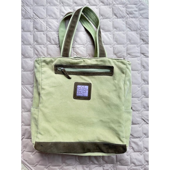 Sherpani Handbags - Vintage Sage Green Canvas Flower Tote Bag Brown Suede Trim Y2K Aesthetic